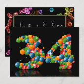 Invitation Fête du 34e anniversaire, avec bulles et balles (Devant / Derrière)