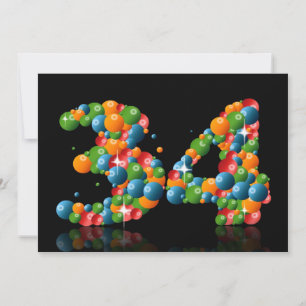 Invitation Fête du 34e anniversaire, avec bulles et balles
