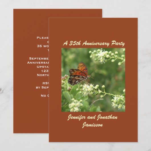 Invitation Fête du 35e Anniversaire, Nom, Papillon Orange (Devant / Derrière)