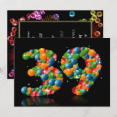 Invitation Fête du 39e anniversaire, avec bulles et balles (Devant / Derrière)