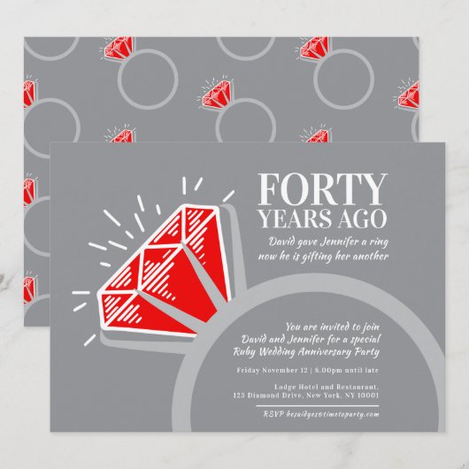 Invitation fête du 40e anniversaire bague rubis rouge graphiq (Devant / Derrière)