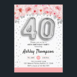 Invitation Fête du 40e anniversaire - Ballons d'argent<br><div class="desc">40e anniversaire invitation de fête. Design élégant en argent faux parties scintillant avec accent floral. Carte Invitation avec le numéro d'argent 40 ballons,  police de script avec confetti. Corail blanc rose,  blanc. Parfait pour une célébration anniversaire de quarantième année. Message-moi si vous avez besoin d'âge personnalisé.</div>