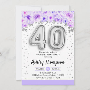 Invitation Fête du 40e anniversaire - Ballons d'argent violet
