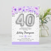 Invitation Fête du 40e anniversaire - Ballons d'argent violet (Debout devant)