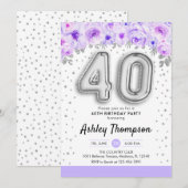 Invitation Fête du 40e anniversaire - Ballons d'argent violet (Devant / Derrière)
