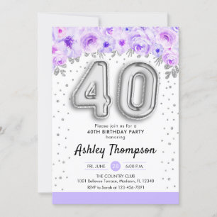 Invitation Fête du 40e anniversaire - Ballons d'argent violet