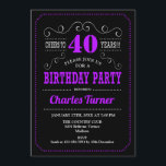 Invitation Fête du 40e anniversaire - Black Purple<br><div class="desc">Invitation à la fête du 40e anniversaire. Design élégant noir,  violet,  blanc rétro avec motif de tableau noir et police de script. Bravo à 40 ans ! Message-moi si vous avez besoin d'une personnalisation plus poussée.</div>