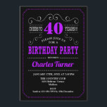 Invitation Fête du 40e anniversaire - Black Purple<br><div class="desc">Invitation à la fête du 40e anniversaire. Design élégant noir,  violet,  blanc rétro avec motif de tableau noir et police de script. Bravo à 40 ans ! Message-moi si vous avez besoin d'une personnalisation plus poussée.</div>