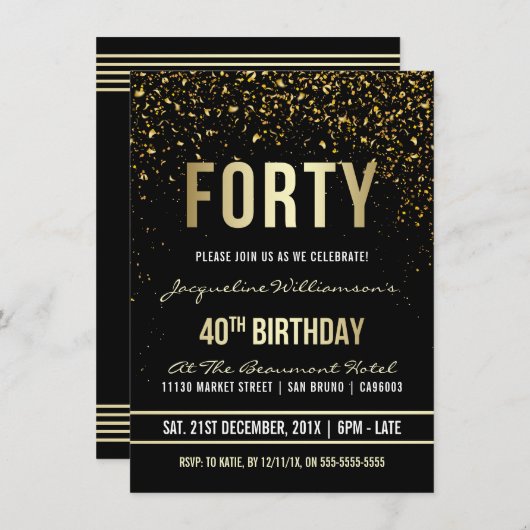 Invitation Fête du 40e anniversaire | Confetti en or chatoyan (Devant / Derrière)