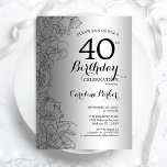 Invitation Fête du 40e anniversaire de la florale noire d'arg<br><div class="desc">Invitation à la fête du 40e anniversaire de Black Argent. Design moderne minimaliste avec accents de dessin botanique et police de script de typographie. Carte invitation simple et tendance, parfaite pour une célébration anniversaire élégante. Peut être customisé à n'importe quel âge. Invitations Zazzle imprimées ou téléchargement instantané modèle imprimable numérique....</div>
