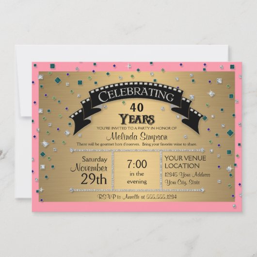 Invitation Fête du 40e anniversaire Faux Jewel Confetti (Devant)