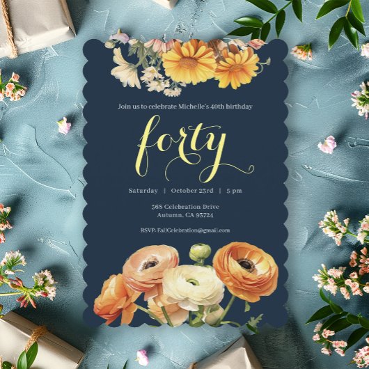 Invitation Fête du 40e anniversaire Fleurs botaniques orange