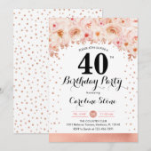 Invitation Fête du 40e anniversaire - Fleurs d'or Roses (Devant / Derrière)