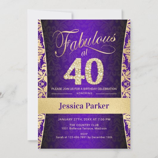 Invitation Fête du 40e anniversaire - Gold Purple (Devant)
