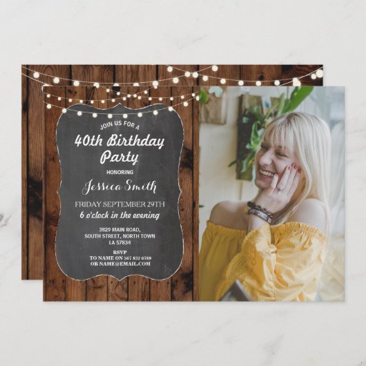 Invitation Fête du 40e anniversaire Lumières rustiques Chalk (Devant / Derrière)