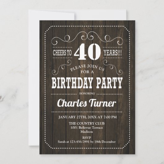 Invitation Fête du 40e anniversaire - Motif en bois Brown (Devant)