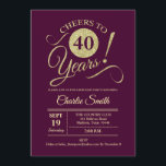 Invitation Fête du 40e anniversaire - Or Bourgogne<br><div class="desc">40e Anniversaire Invitation à la fête dans marron bordeaux foncé avec motif en or parties scintillant faux. Fonctionne avec une police de script de typographie à la mode. Design moderne et simple, parfait pour une soirée élégante. Bravo à 40 ans ! Peut être personnalisé à tout âge! S'il vous plaît,...</div>