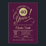 Invitation Fête du 40e anniversaire - Or Bourgogne<br><div class="desc">40e Anniversaire Invitation à la fête dans marron bordeaux foncé avec motif en or parties scintillant faux. Fonctionne avec une police de script de typographie à la mode. Design moderne et simple, parfait pour une soirée élégante. Bravo à 40 ans ! Peut être personnalisé à tout âge! S'il vous plaît,...</div>