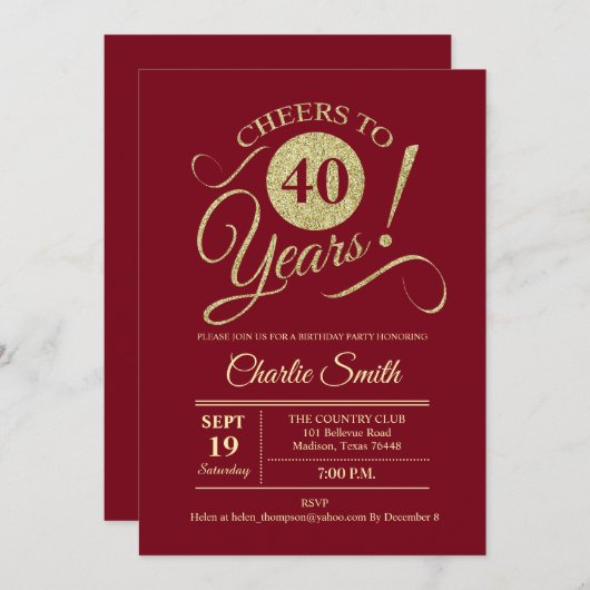 Invitation Fête du 40e anniversaire - Or rouge foncé (Devant / Derrière)