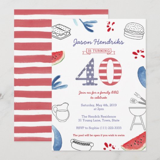 Invitation Fête du 40e anniversaire pour un barbecue en famil (Devant / Derrière)