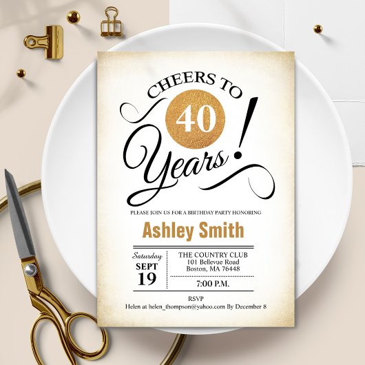 Invitation Fête du 40e anniversaire - Retro Gold Black White
