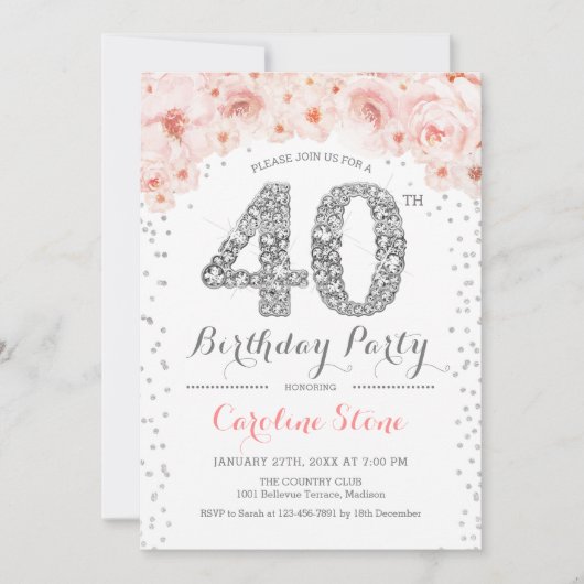 Invitation Fête du 40e anniversaire - Rose d'argent blanc (Devant)