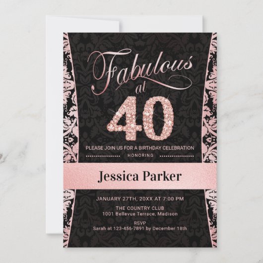 Invitation Fête du 40e anniversaire - Rose Gold Black (Devant)