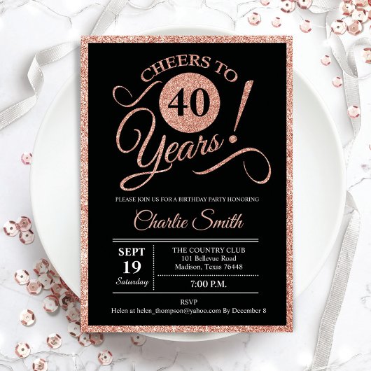 Invitation Fête du 40e anniversaire - Rose Gold Black ANY AGE