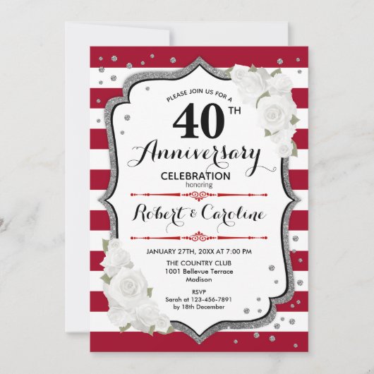 Invitation Fête du 40e Anniversaire - Rubis Rouge Blanc Argen (Devant)