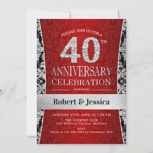 Invitation Fête du 40e Anniversaire - Ruby Red Silver (Devant)