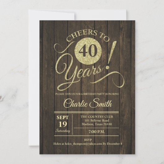 Invitation Fête du 40e anniversaire - Rustic Brown Wood Gold (Devant)