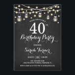 Invitation Fête du 40e anniversaire - Tableau de bord<br><div class="desc">Invitation à la fête du 40e anniversaire. Design rustique avec motif noir en tableau noir. Il est doté d'une police de script blanc, de jarres de maçon et de lampes à cordes de fées. Peut être customisé à n'importe quel âge! S'il vous plaît, envoyez-moi un message si vous avez besoin...</div>