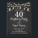 Invitation Fête du 40e anniversaire - Tableau de bord<br><div class="desc">Invitation à la fête du 40e anniversaire. Design rustique avec motif noir en tableau noir. Il est doté d'une police de script blanc, de jarres de maçon et de lampes à cordes de fées. Peut être customisé à n'importe quel âge! S'il vous plaît, envoyez-moi un message si vous avez besoin...</div>