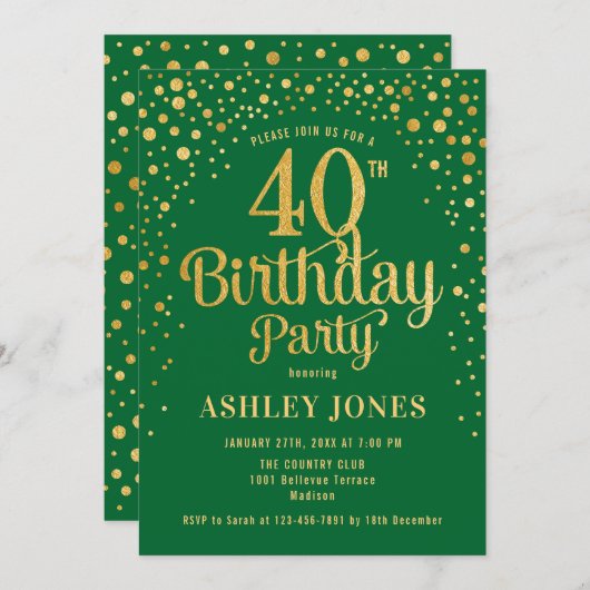 Invitation Fête du 40e anniversaire - Vert & Or (Devant / Derrière)