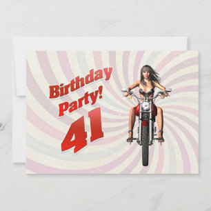 Invitation Fête du 41e anniversaire avec une fille sur une mo