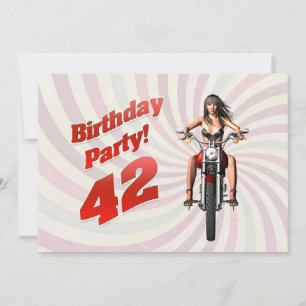 Invitation Fête du 42e anniversaire avec une fille sur une mo