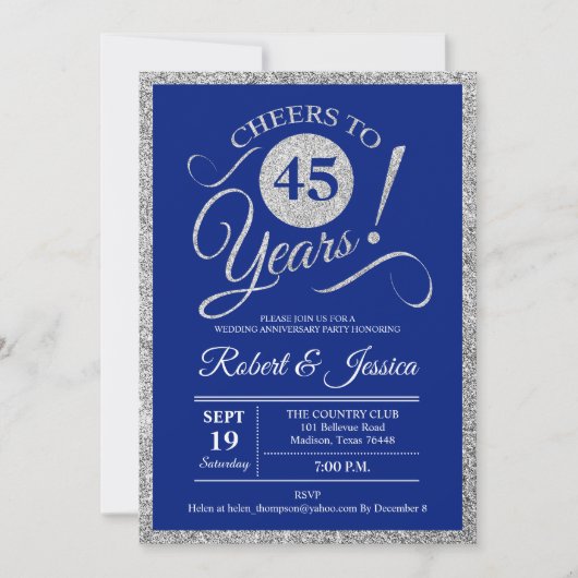 Invitation Fête du 45e anniversaire - Sapphire Blue Silver (Devant)
