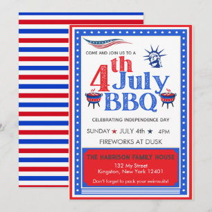 Invitation Fête du 4 juillet BBQ Célébration Rouge Blanc Bleu