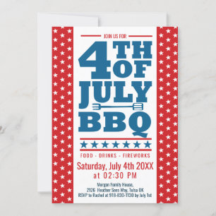 Invitation Fête du 4 juillet BBQ Rouge Bleu Blanc Étoiles
