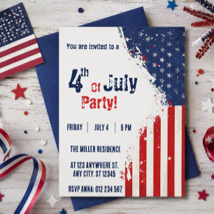 Invitation Fête du 4 juillet Drapeau américain Rouge Blanc Bl