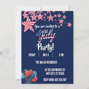 Invitation Fête du 4 juillet Feu d'artifice Rouge Blanc Bleu