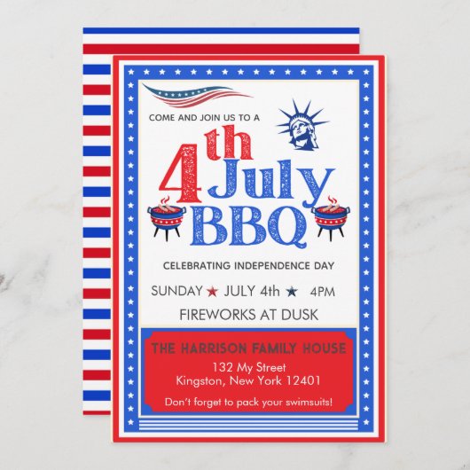 Invitation Fête du 4 juillet Rouge Blanc Bleu Célébration BBQ (Devant / Derrière)