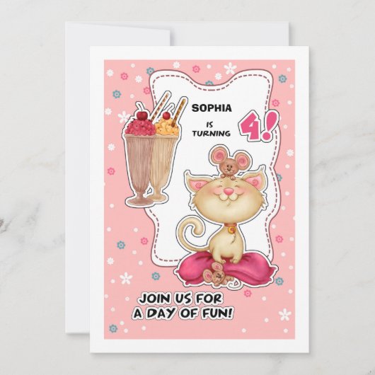 Invitation Fête du 4e anniversaire | Cute Kitty & Mice Custom (Devant)