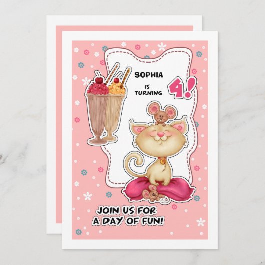 Invitation Fête du 4e anniversaire | Cute Kitty & Mice Custom (Devant / Derrière)