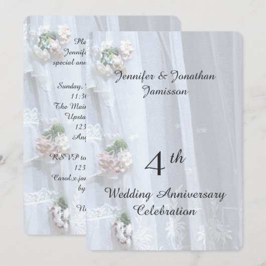 Invitation Fête du 4ème anniversaire de mariage, Dentelle vin (Devant / Derrière)