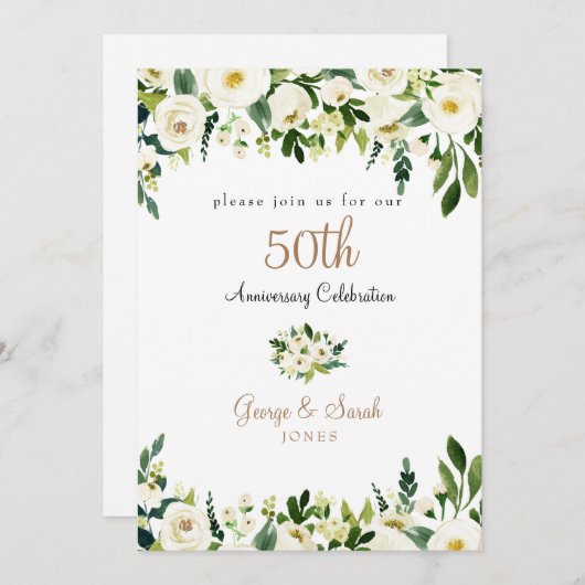 Invitation Fête du 50e Anniversaire Blanc Floral (Devant / Derrière)