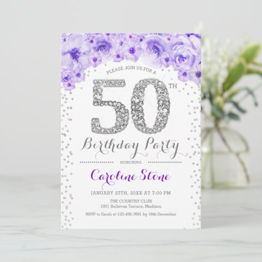 Invitation Fête du 50e anniversaire - Blanc Silver violet (Debout devant)