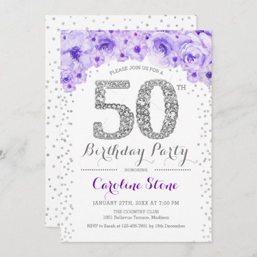 Invitation Fête du 50e anniversaire - Blanc Silver violet (Devant / Derrière)