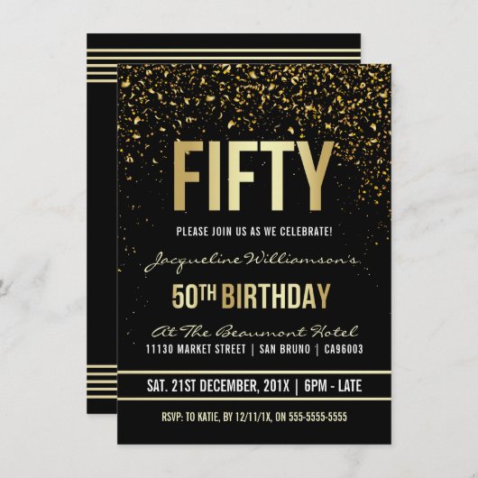 Invitation Fête du 50e anniversaire | Confetti en or chatoyan (Devant / Derrière)