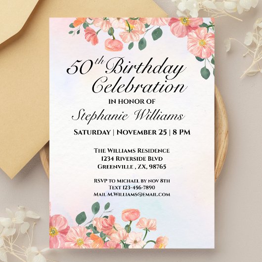 Invitation Fête du 50e anniversaire de l'élégante florale fém